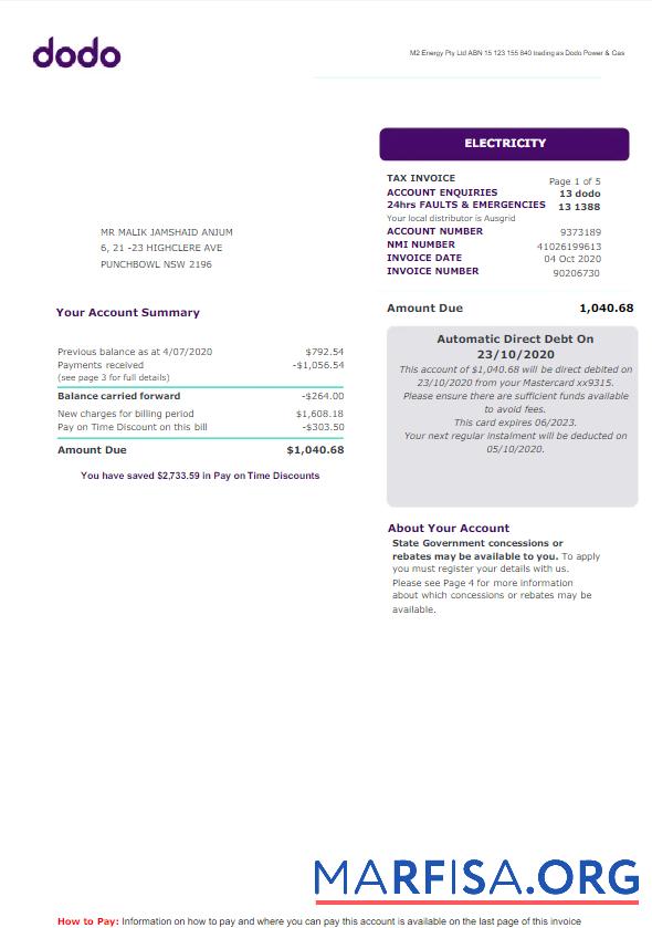 Blank AUSTRALIA NEW SOUTH WALES DODO utility bill Word and PDF template